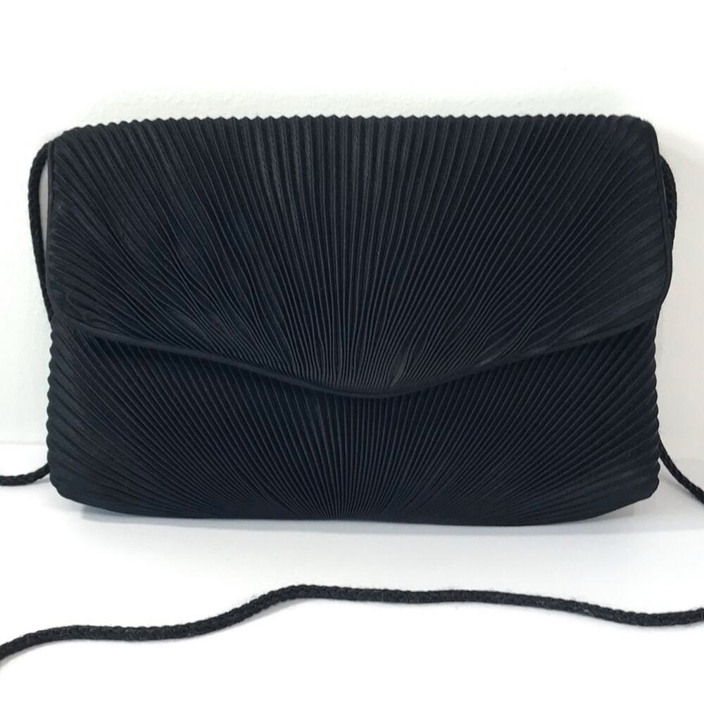Vintage Carolyne Barton Pleated Black Fold Over Clutch Crossbody Purse Bag
